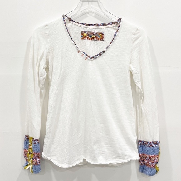 Anthropologie Little Yellow Button Embroidered Cuff White Top XS - Picture 1 of 9